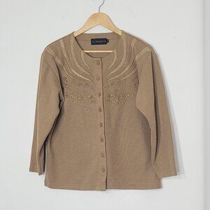 Vintage La Madona Coquette Brown Floral Embroidered Cotton Blend Cardigan Office
